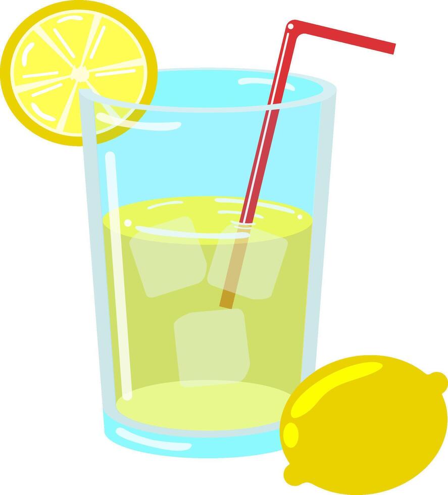 A lemonade glass with ice cubes, straw, and lemon slice vector