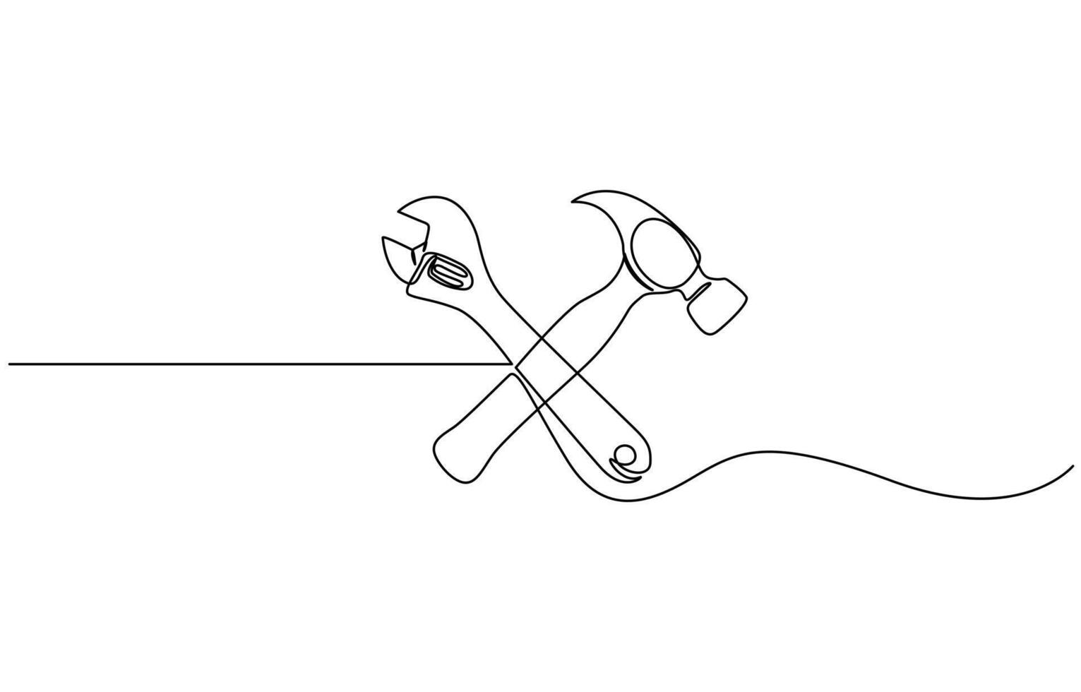 Hammer and wrench continuous one line drawing. Adjustable wrench and hammer single line drawing . vector