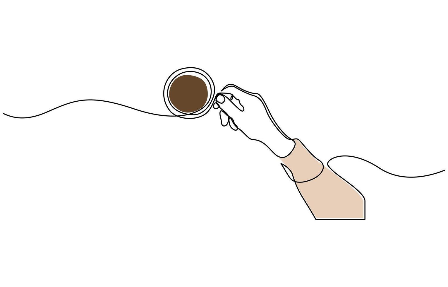 Minimalist one line drawing of a hand holding a cup of tea or coffee, symbolizing relaxation and calmness. vector
