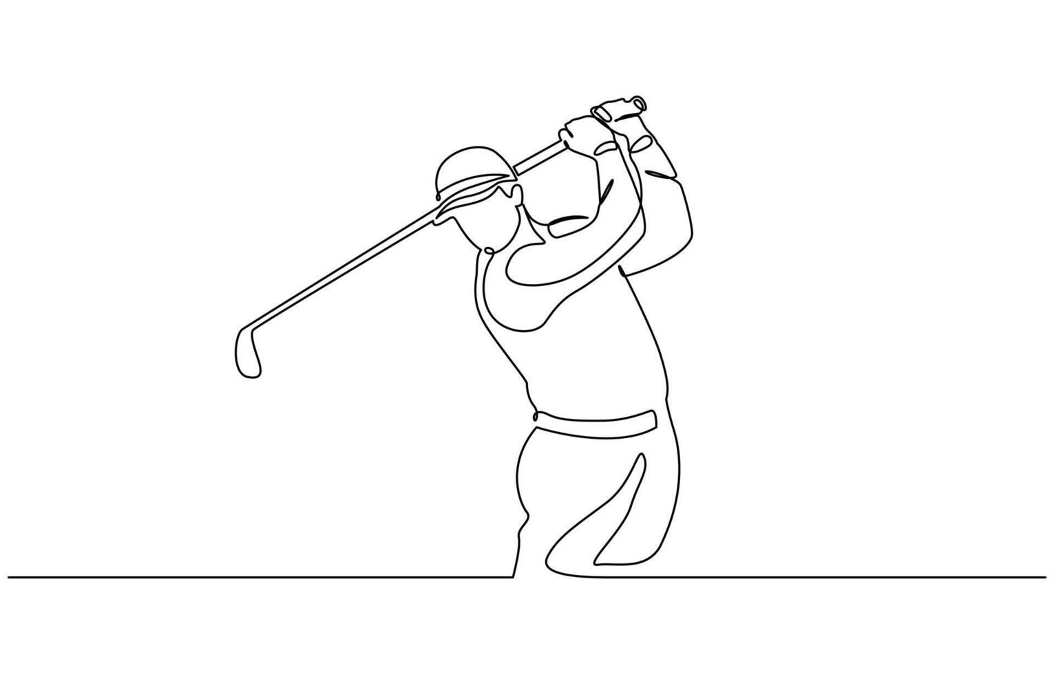 Continuous line drawing of young man playing golf. Single one line art concept of professional golfer holding stick to hit ball. vector
