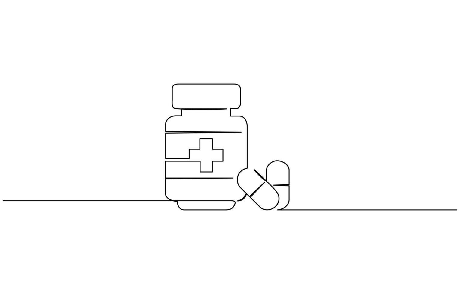 One continuous line drawing of medicine set with pills. Pharmaceutical components and capsules in blister pack with drug symbols in simple linear style. vector