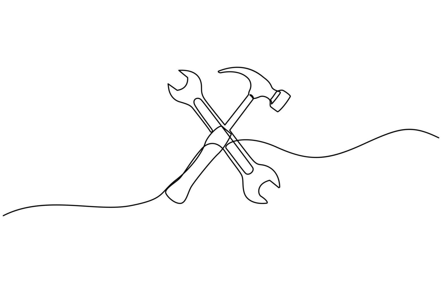 One line drawing of hammer and wrench tools. vector