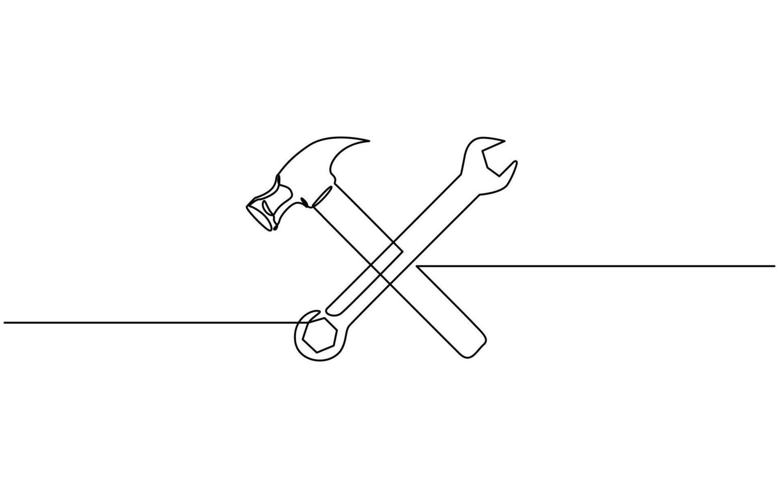 One line drawing of hammer and wrench tools, Adjustable wrench and hammer continuous one line drawing. vector
