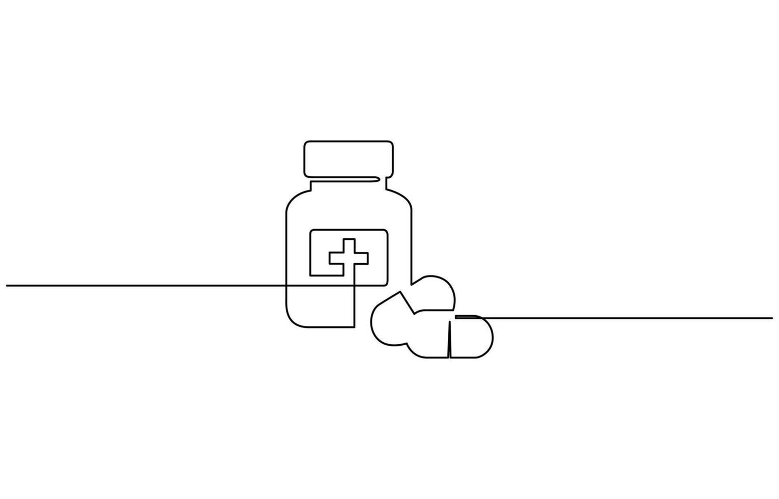Pharmaceutical components and capsules in container with drugs symbols in simple linear style one line art. vector