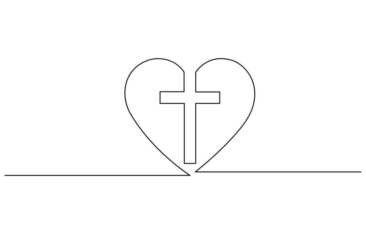 Christian church symbol in continuous line drawing style. Line art of a heart with Christian cross vector