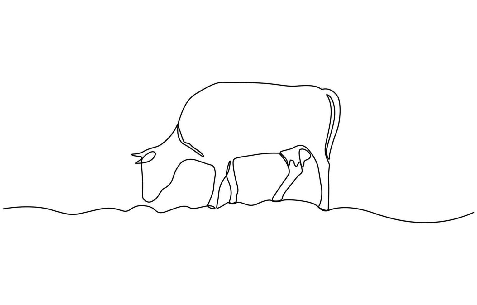 Continuous line of cows eating grass. one line drawing of cow farm. single line illustration design.. vector