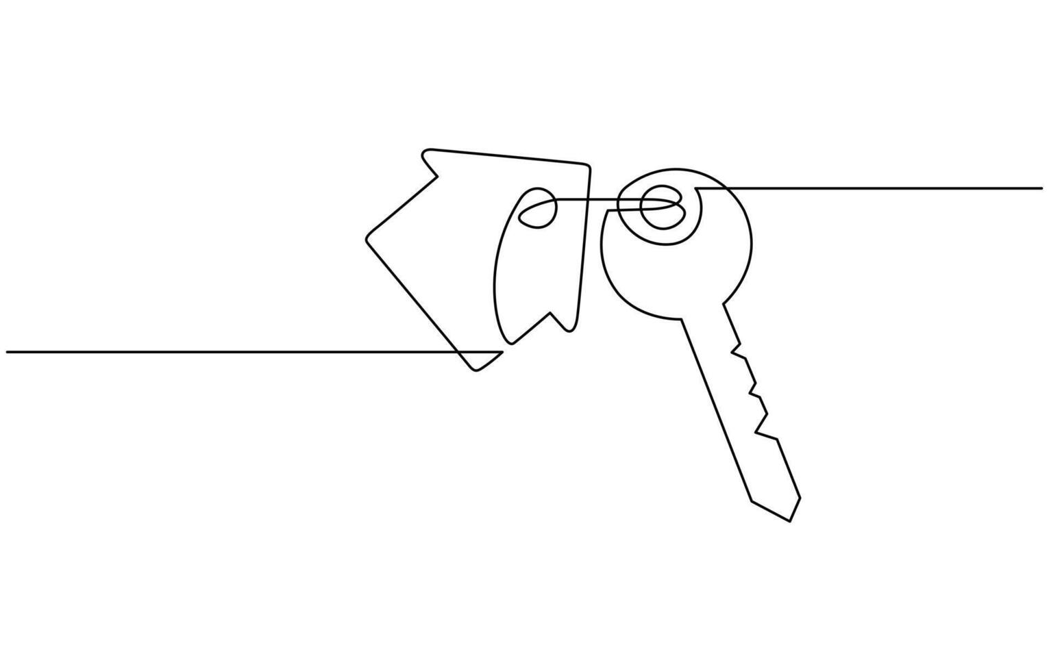 Continuous one line art drawing symbol of house keys, Key with house continuous one line art drawing. Private security symbol. Real estate concept, EPS 10 vector