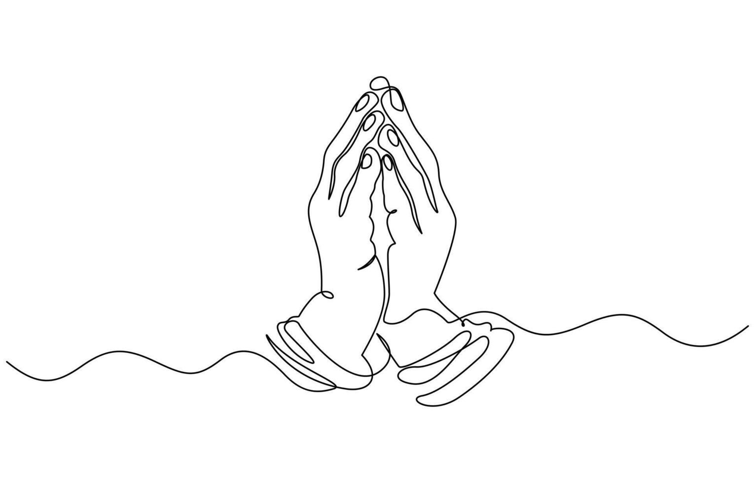 Continuous single line drawing of hands clasped in prayer as a line art. Praying hands one line drawing with editable stroke on white isolated background. vector