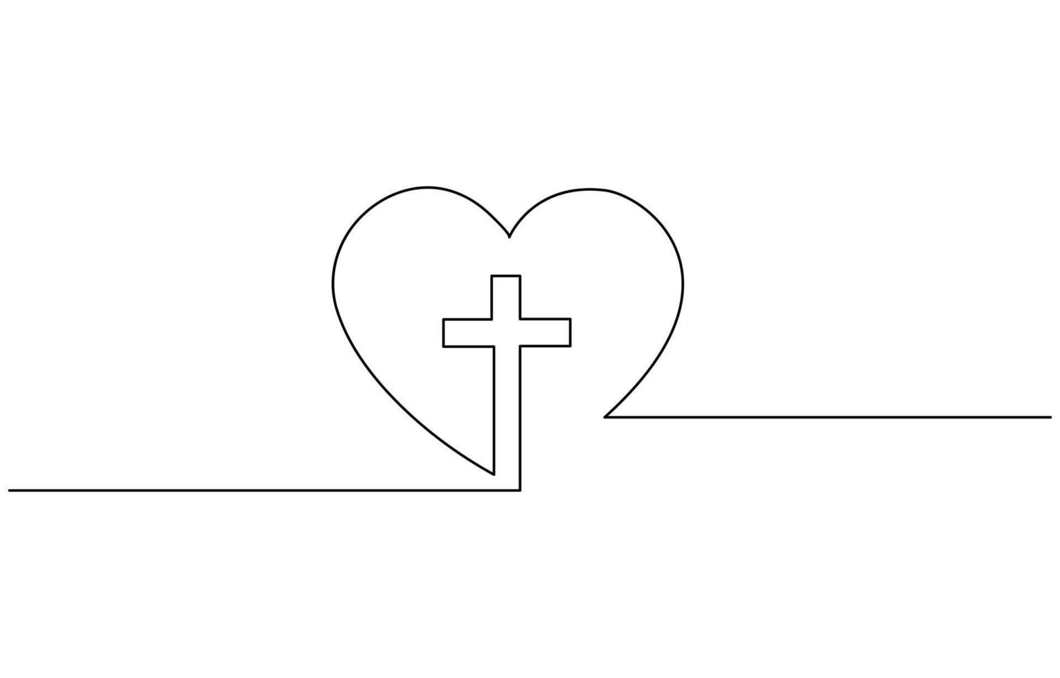 Christian church symbol in continuous line drawing style. Line art of a heart with Christian cross. EPS 10. vector