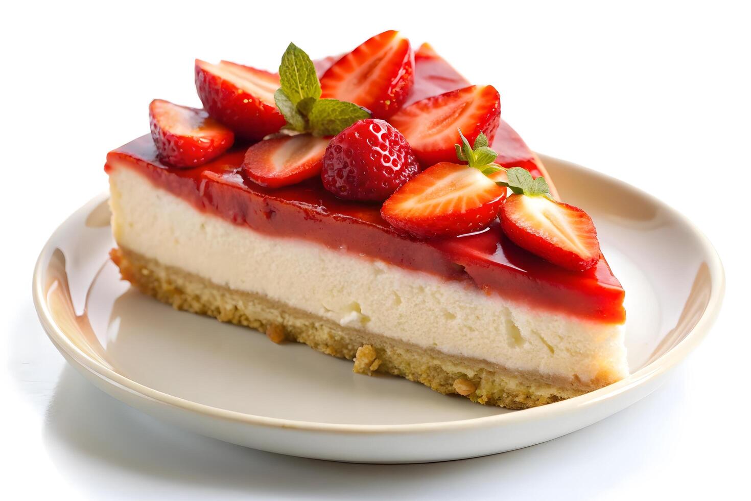 Delicious slice of strawberry cheesecake, perfect for a summer dessert. photo