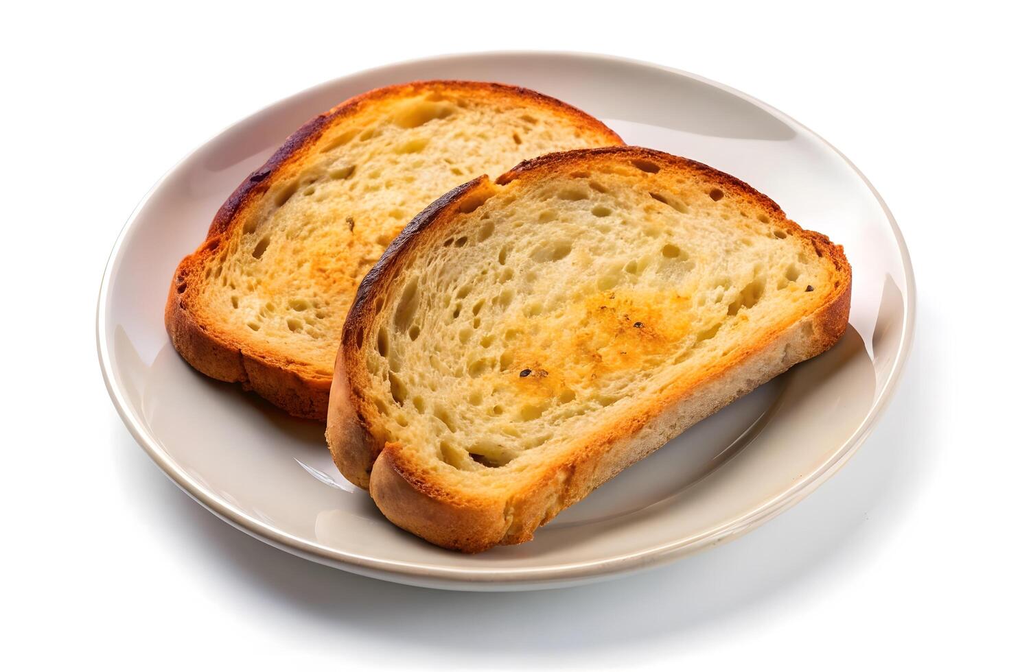 Two slices of golden brown toasted bread on a plate. photo