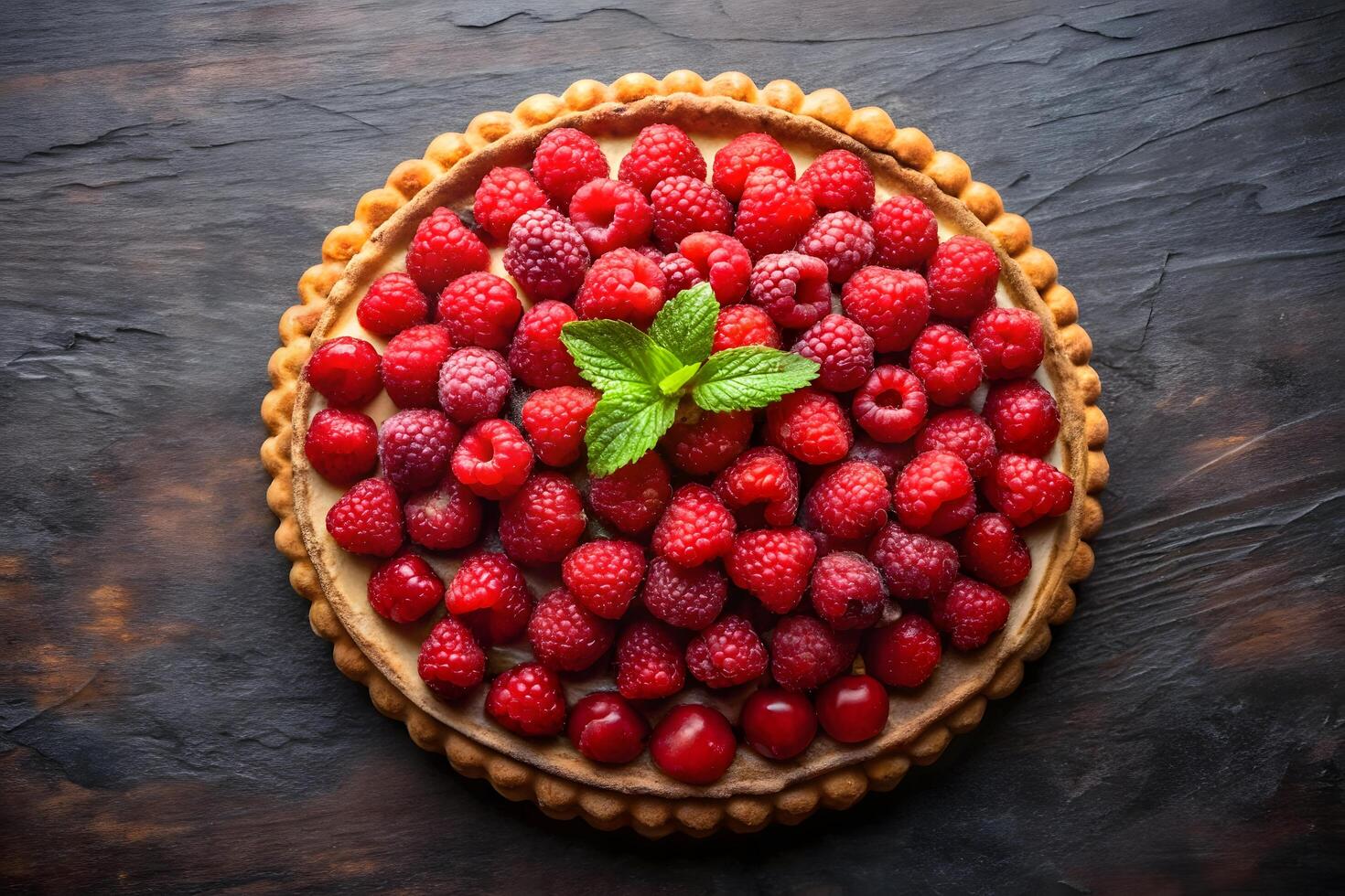Delicious Raspberry and Cherry Tart on Dark Wooden Table photo