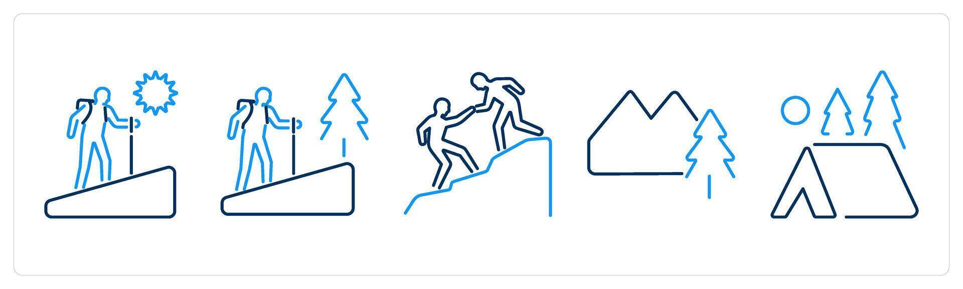 5 Adventure icons as adventure, hiking, climbing vector