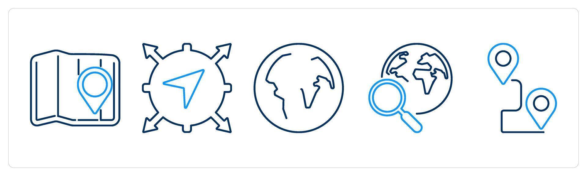 5 Adventure icons as map, navigation, globe vector