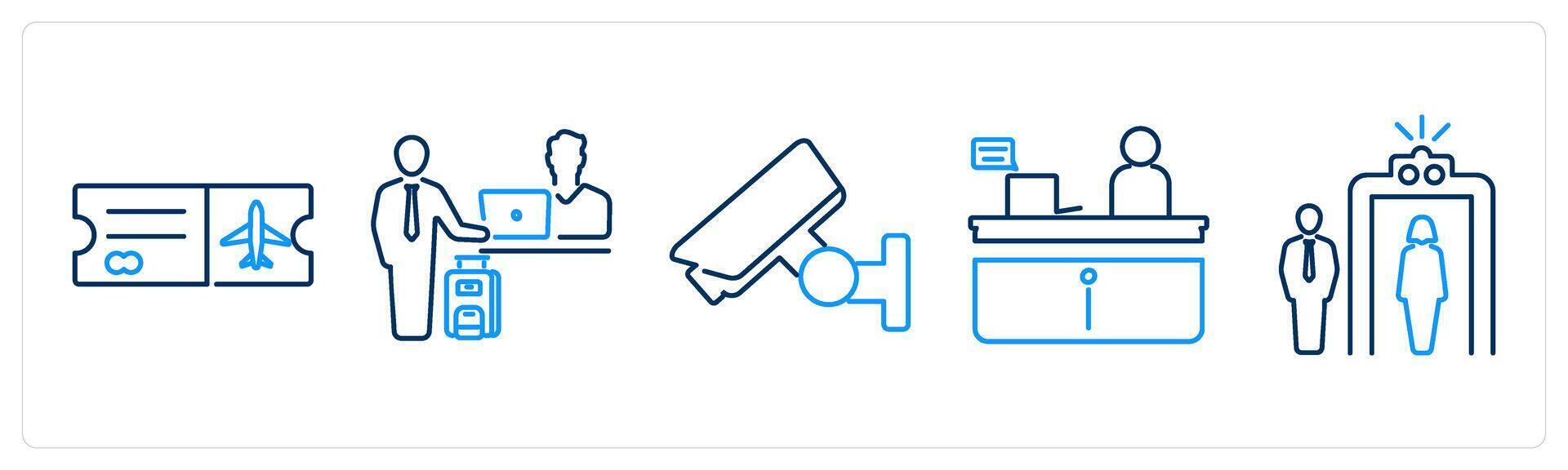 5 Airport icons as boarding pass, check in, cctv vector