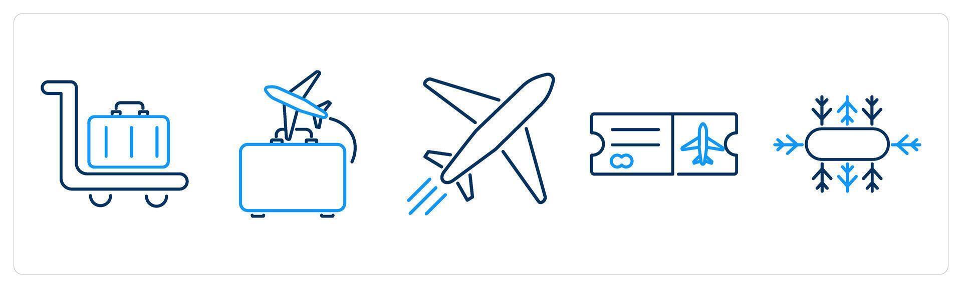 5 Airport icons as trolley, voyage, plane vector