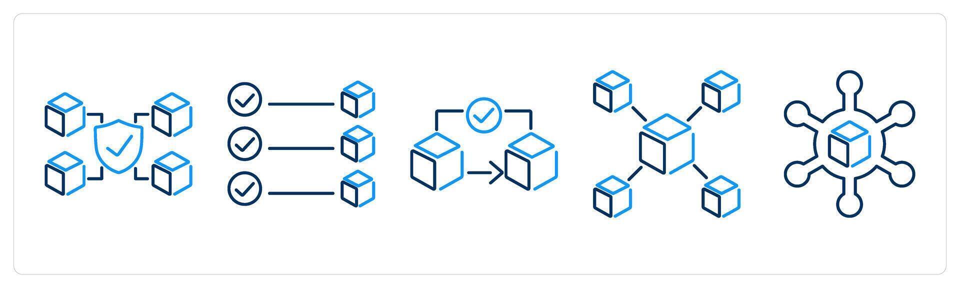 5 Blockchain icons as mining, startup, data analysis vector