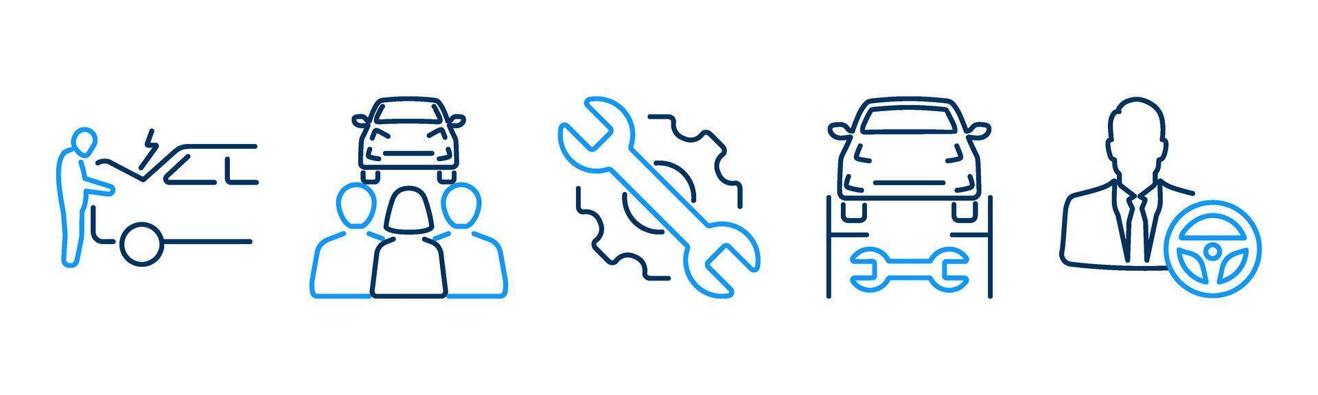 5 Car icons as vehicle breakdown, carpooling, maintenance vector