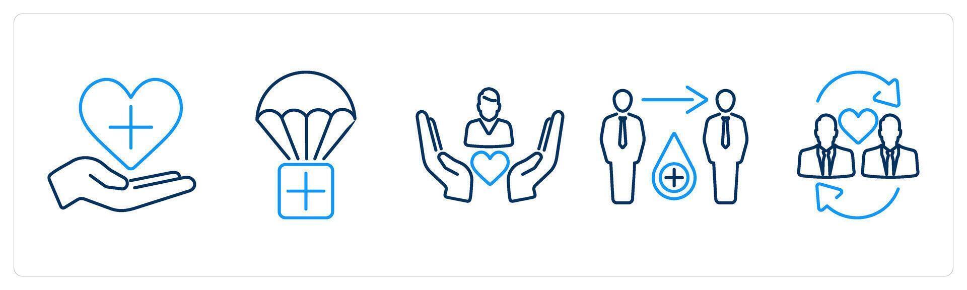 5 Charity and donation icons as medical care, humanitarian aid, caring vector