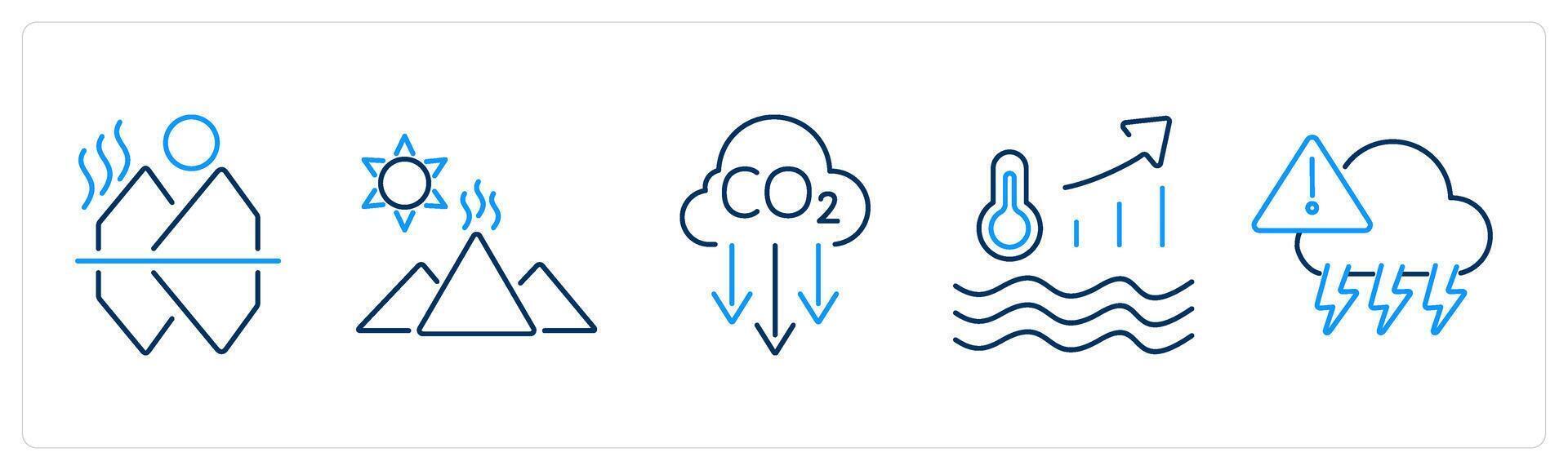 5 climate change icons as melting ice, glacier, co2 reduction vector