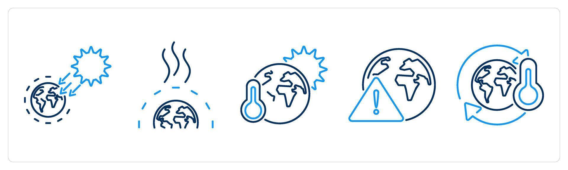 5 climate change icons as solar irradiance, greenhouse effect, global warming vector