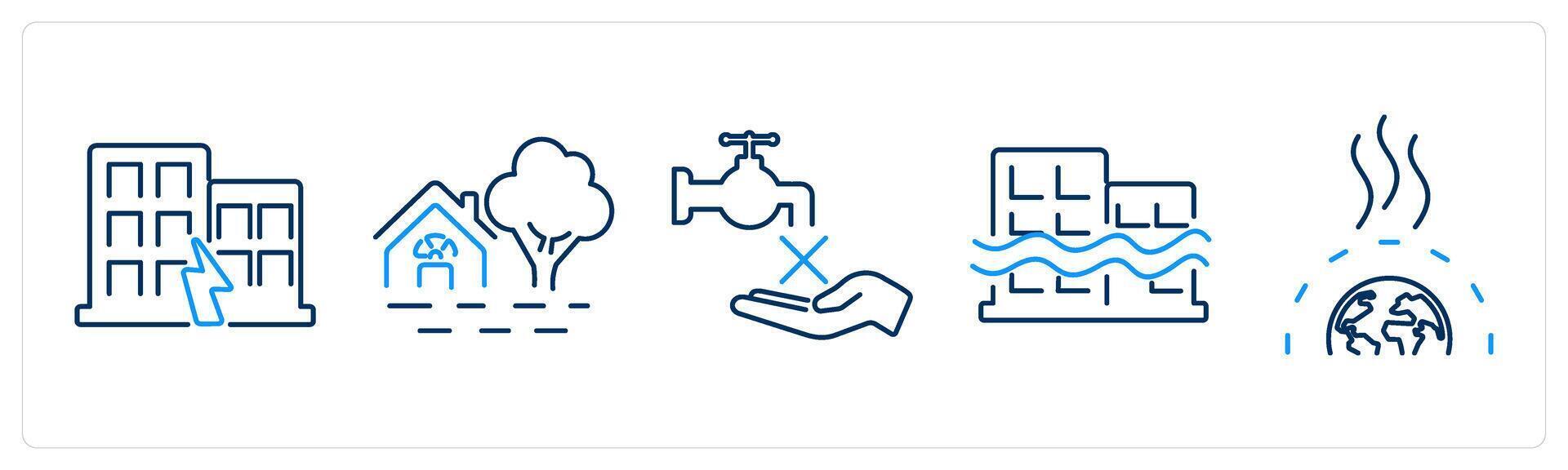 5 climate change icons as earthquake, flooding, no water vector