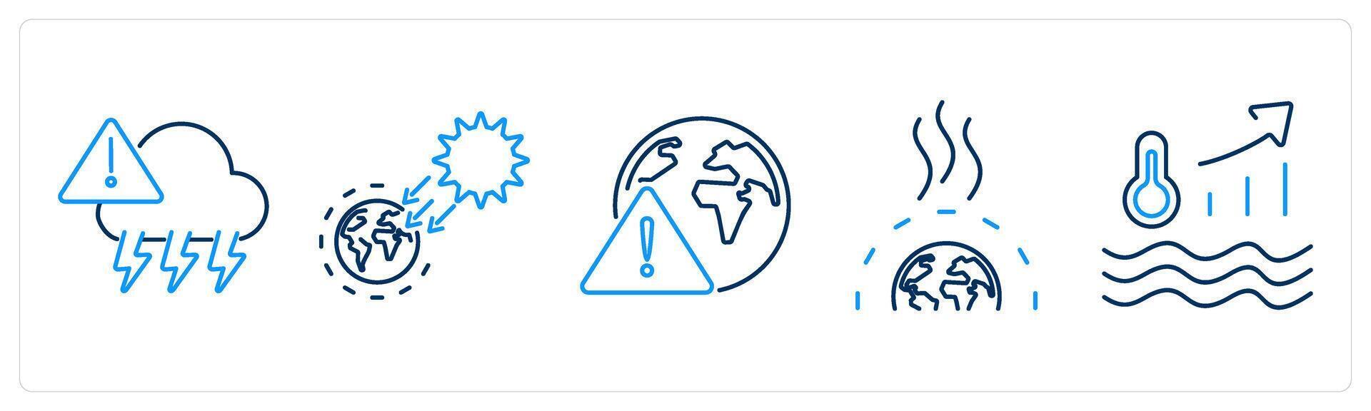 5 climate change icons as extreme weather, solar irradiance, warning vector