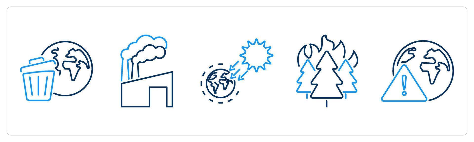 5 climate change icons as earth pollution, air pollution, solar irradiance vector