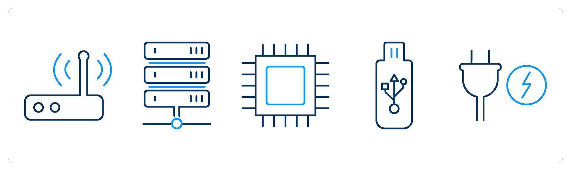 5 Computer Parts icons as router, server, cpu processor vector
