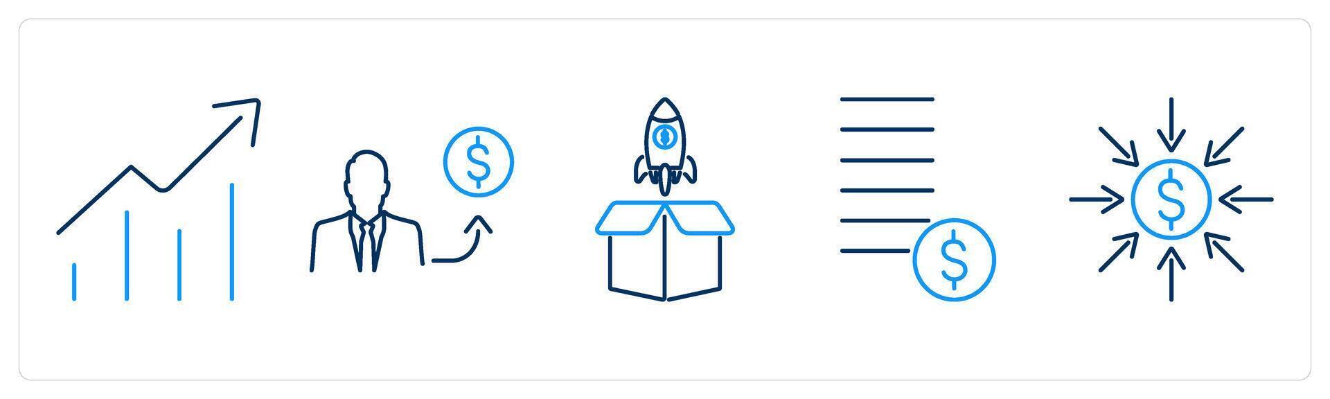 5 Crowdfunding icons as growth, investors, launch vector