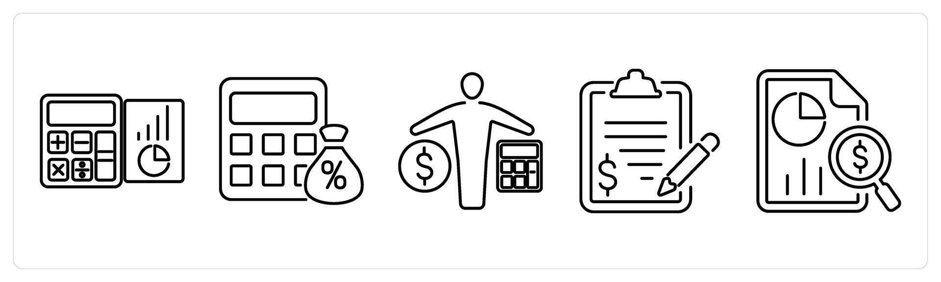 5 accounting icons as accounting, tax calculator, accountant in black bold vector