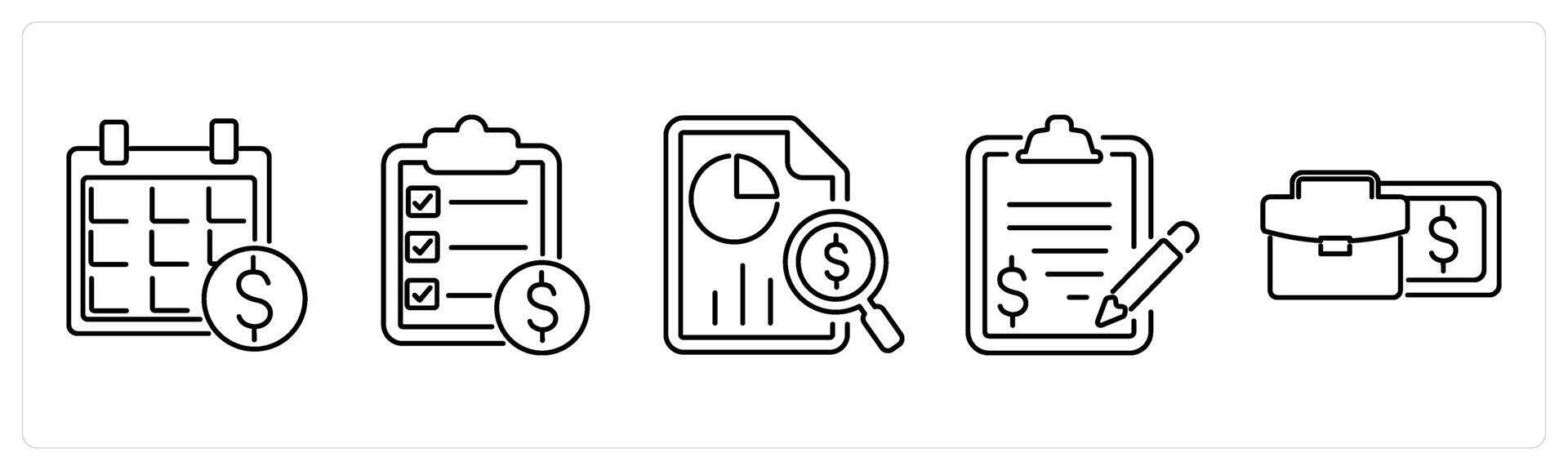 5 accounting icons as financial calendar, policies, audit in black bold vector
