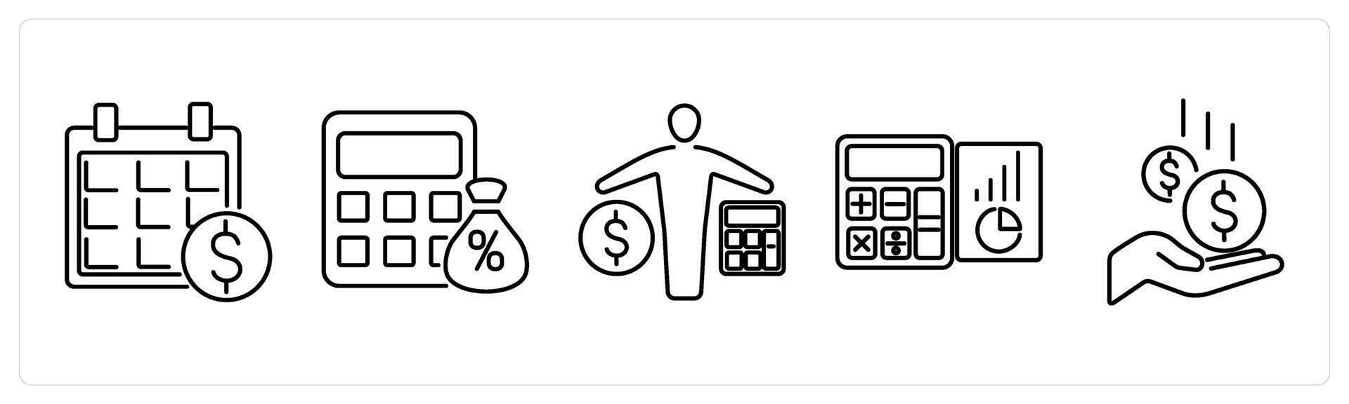 5 accounting icons as financial calendar, tax calculator, accountant in black bold vector