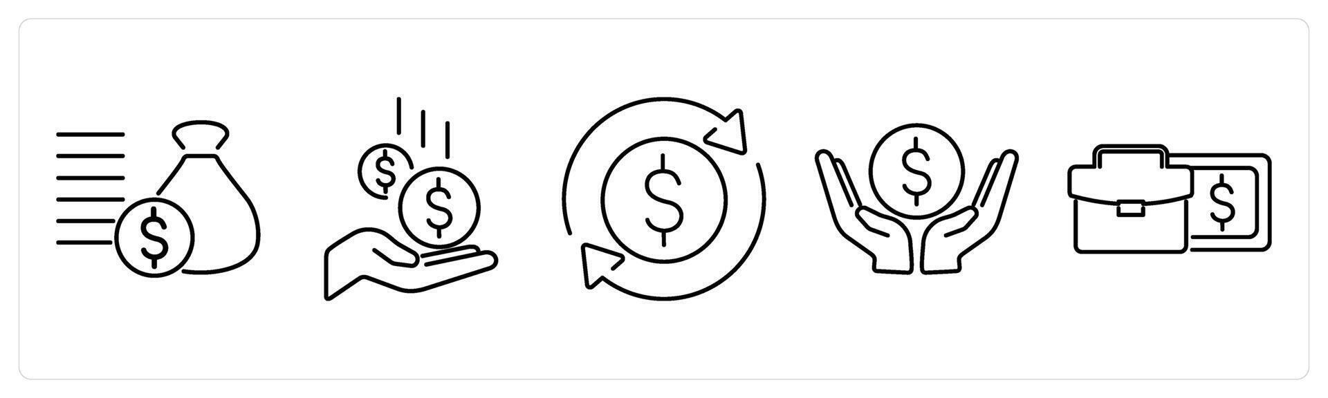 5 accounting icons as loan, earnings, money flow in black bold vector