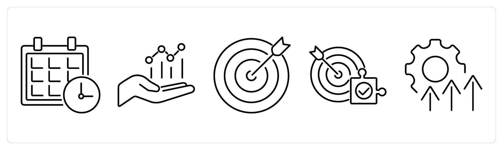 5 Action plan icons as meeting schedule, analysis, goal in black bold vector