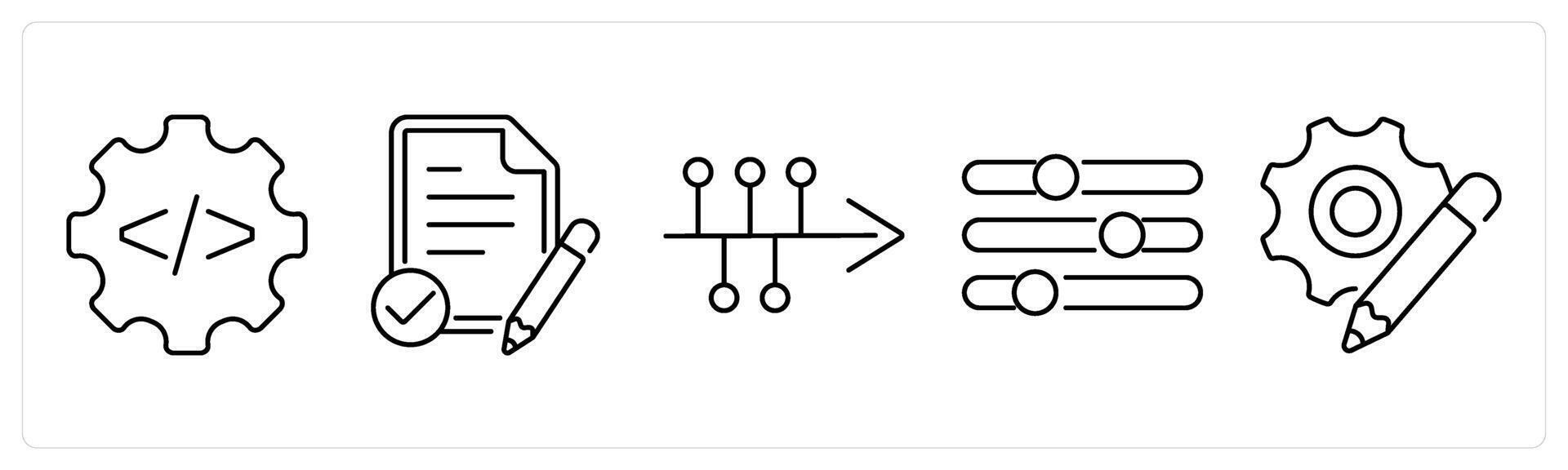 5 Action plan icons as development, assessment, timeline in black bold vector
