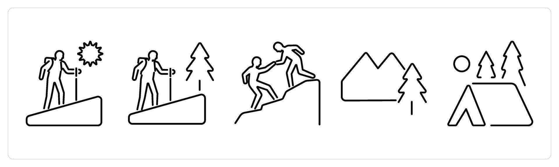 5 Adventure icons as adventure, hiking, climbing in black bold vector