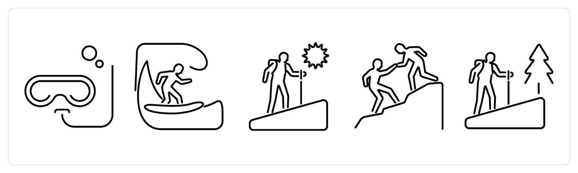 5 Adventure icons as snorkeling, surfing, adventure in black bold vector