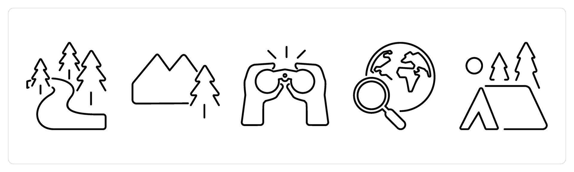 5 Adventure icons as forest, mountains, binoculars in black bold vector