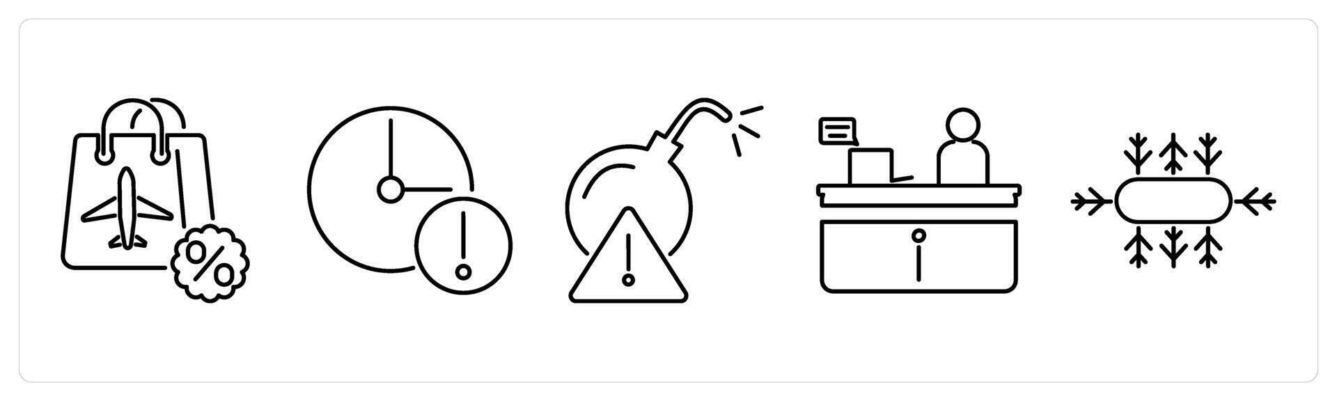 5 Airport icons as duty free, delay, bomb threat in black bold vector