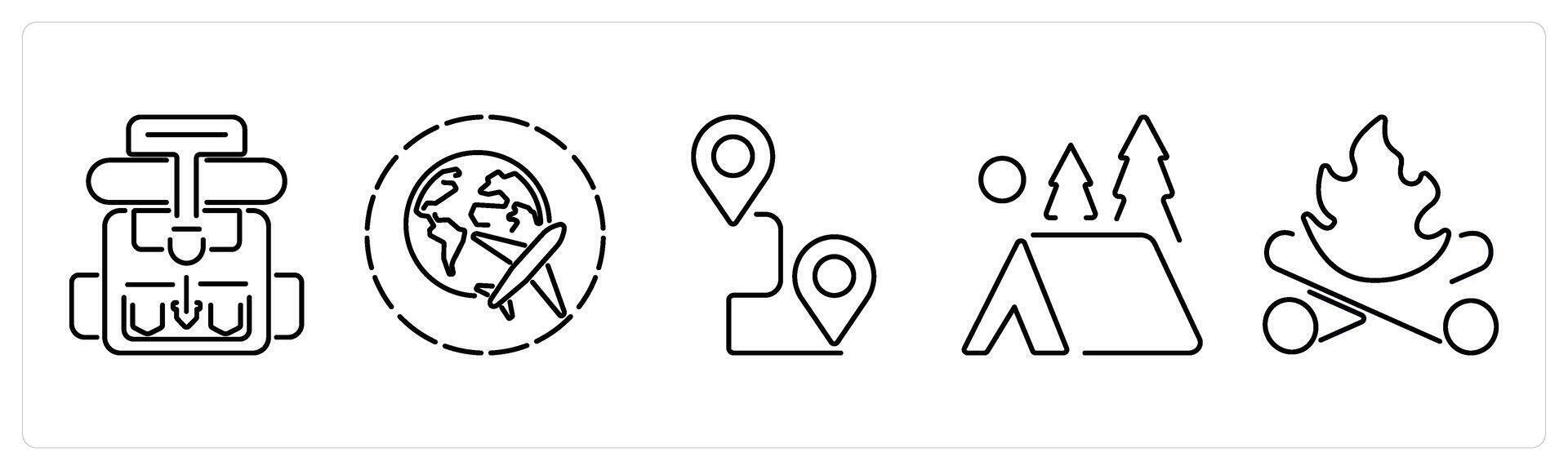 5 Adventure icons as backpack, travel, journey in black bold vector