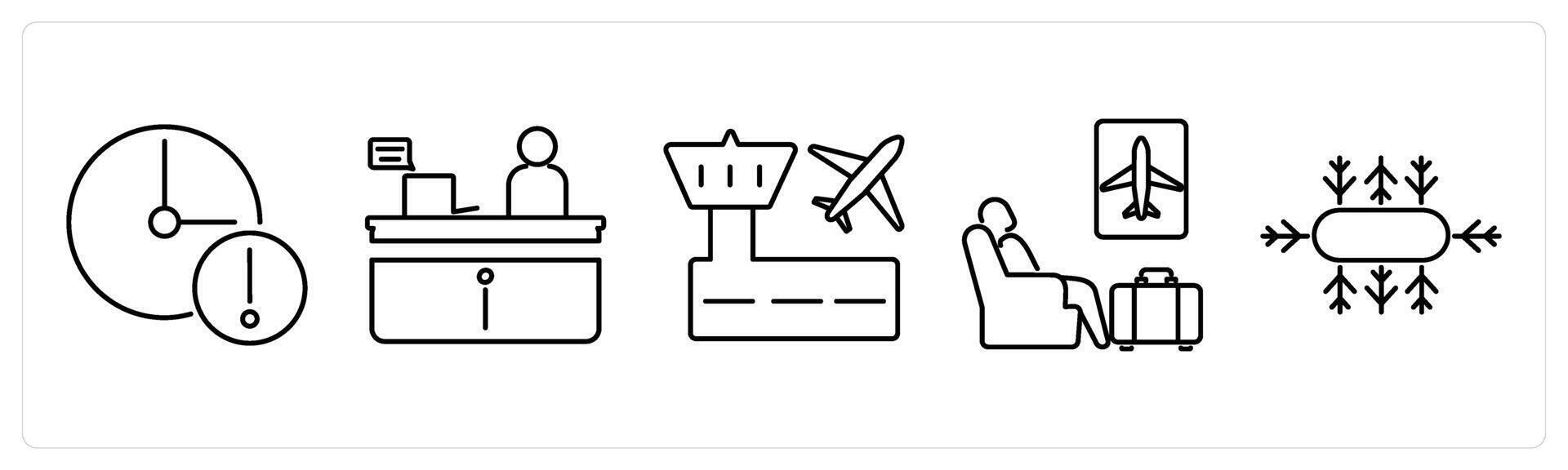 5 Airport icons as delay, information desk, airport in black bold vector
