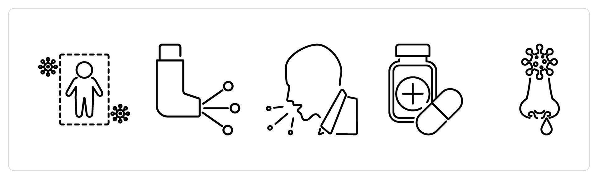 5 Allergy icons as immunity, asthma, cough in black bold vector