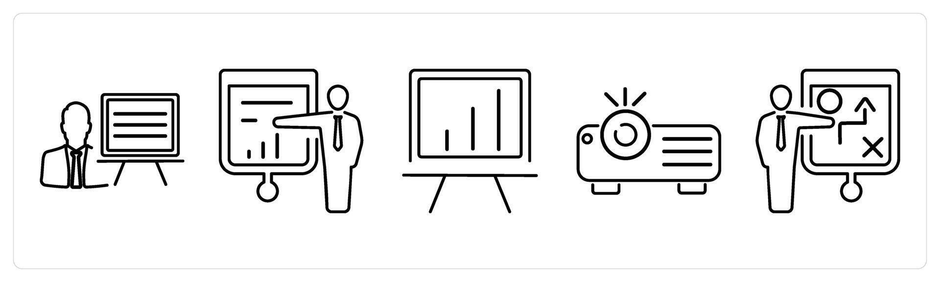 5 Business Presentation icons as presentation, presenter, white board in black bold vector