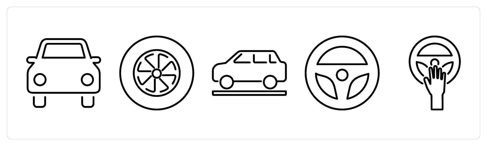 5 Car icons as car, wheel, vehicle in black bold vector