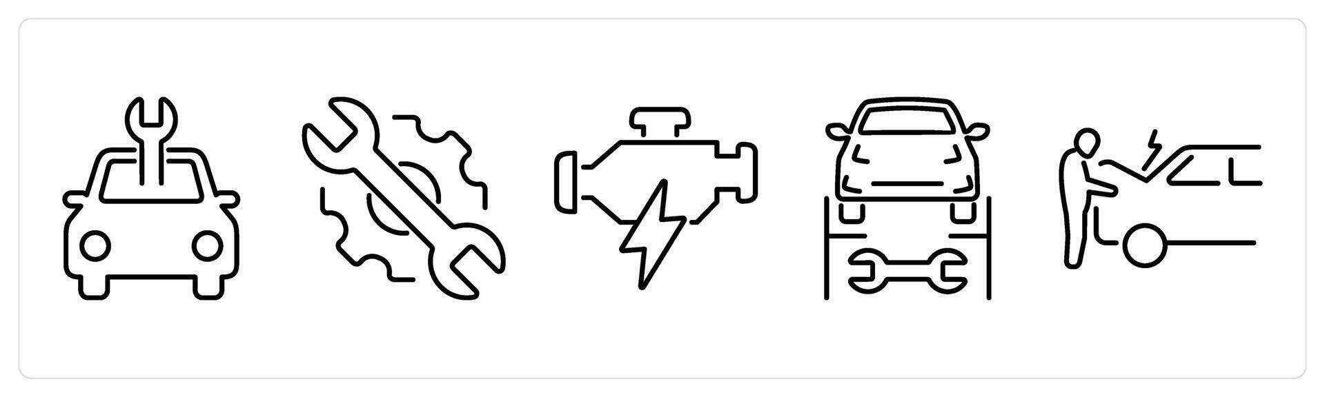 5 Car icons as car service, maintenance, engine in black bold vector
