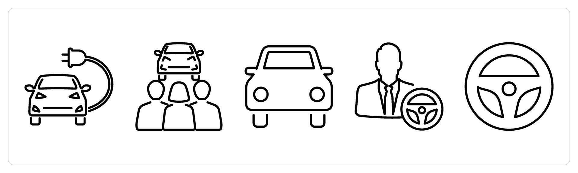 5 Car icons as electric car, carpooling, car in black bold vector
