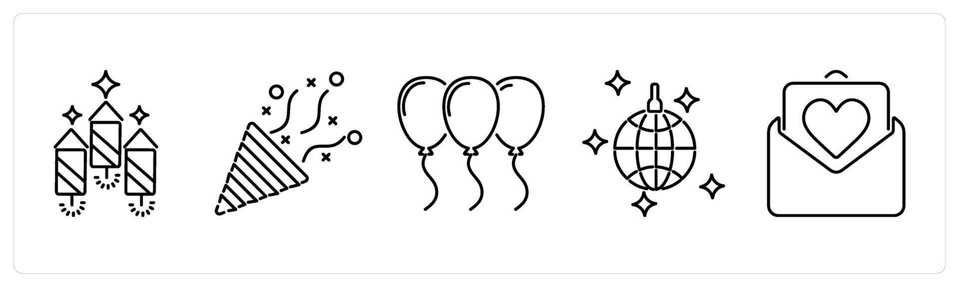 5 Celebrate icons as firecrackers, celebrate, balloons in black bold vector