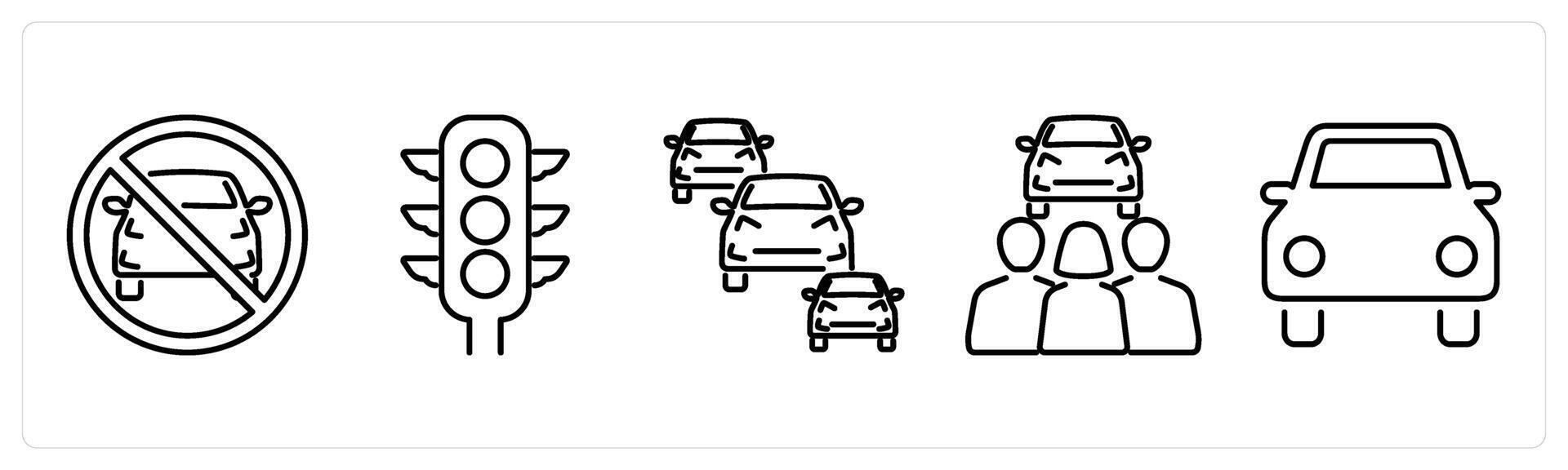 5 Car icons as no car allowed, traffic light, traffic jam in black bold vector