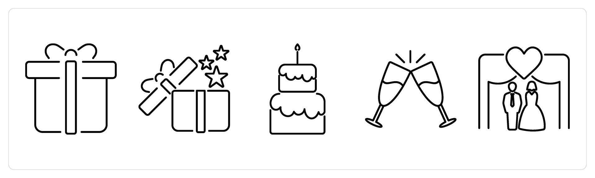 5 Celebrate icons as gift, surprise, cake in black bold vector